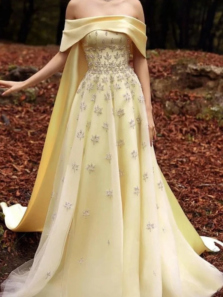 

Ashely Alsa Elegant Yellow Formal Evening Dresses Off Shoulder Crystal A Line Floor Length Women Prom Party Gown Pageant Wear