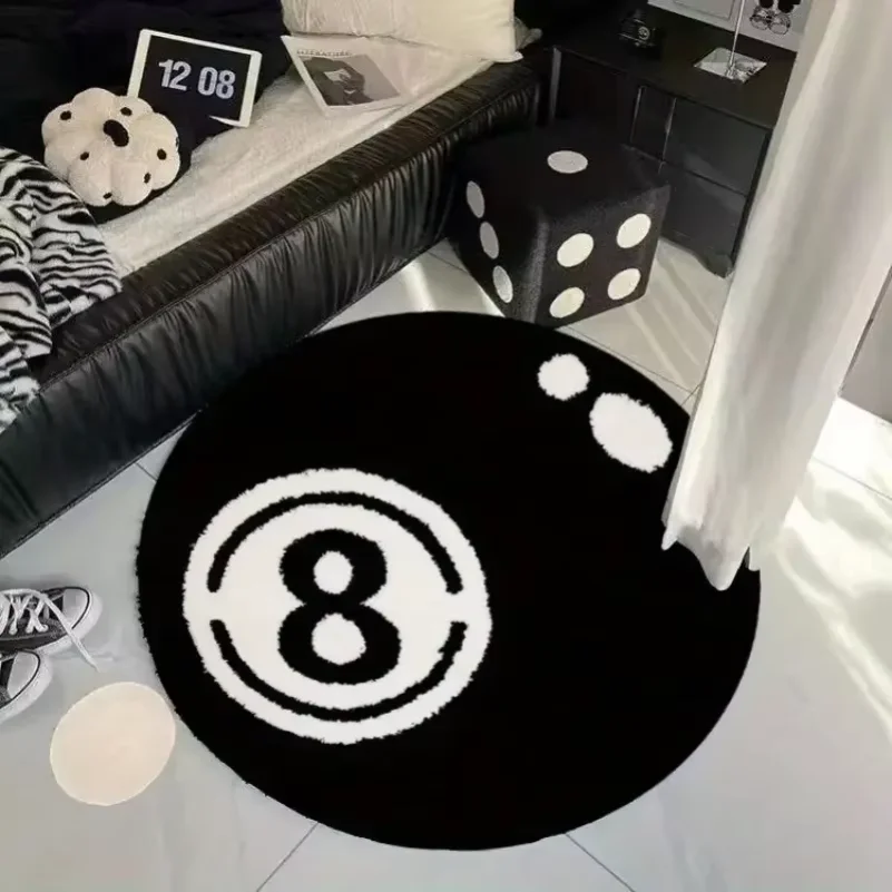 VIKAMA Creative No. 8 Billiards Rug Black and White Contrasting Colour Circular Soft Non-Slip Living Room Rug Home Furnishing