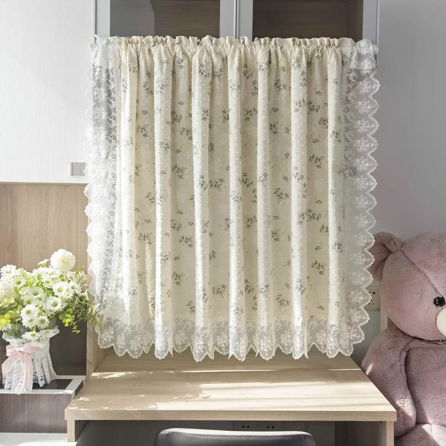 Leaf Printed Curtain Short Valance Curtain for Kitchen Cafe Partition Pastoral Lace Small Window Curtain Half Door Restaurant