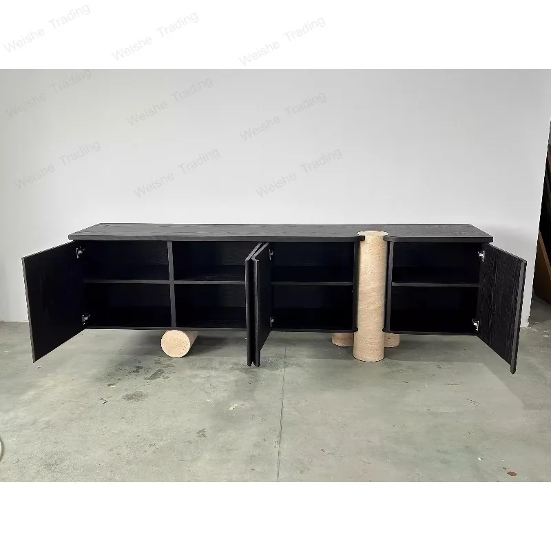 Solid wood dining side cabinet creative light luxury natural travertine TV cabinet living room retro entrance cabinet