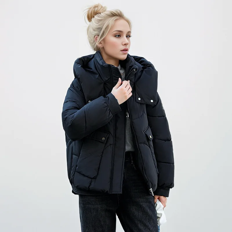 

Зимнее женское стеганое пальто, однотонное стеганое пальто на молнии с двойной пуговицей и капюшоном для женщин, минималистичная женская куртка