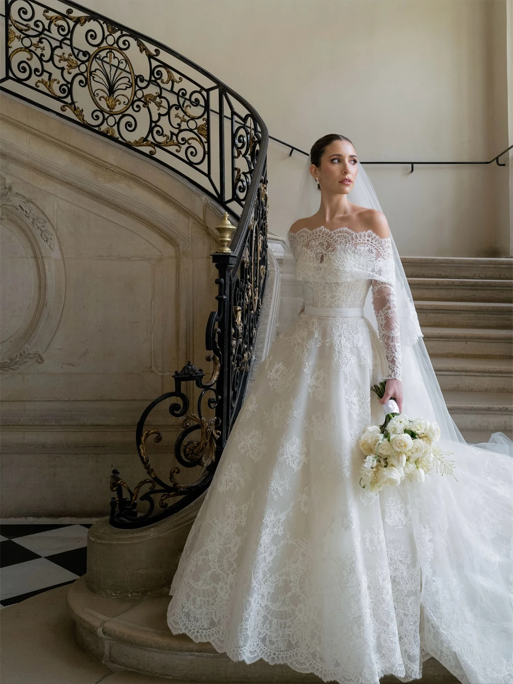 

Customized Charming White Lace Wedding Dress Elegant Off the Shoulder Court Train Vestido De Novia Long Sleeves Bridal Gowns