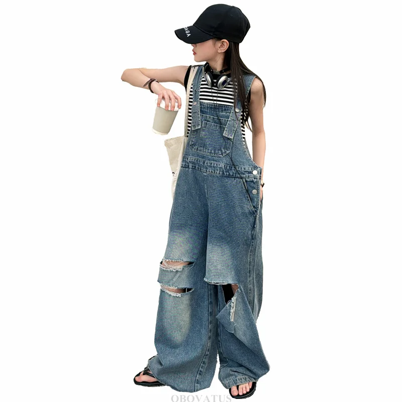 

Elegant Children Jeans Jumpsuit with Broken Holes For Girls Fashion Overalls Streetwear Kids Denim Suspenders Pants With Strap