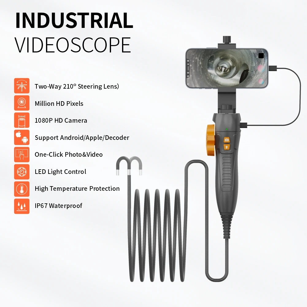 TW 210° Two-way Usb Articulating Borescope, 6mm IP67 Waterproof LED Lighting Industrial Endoscope,videoscope for iPhone Android