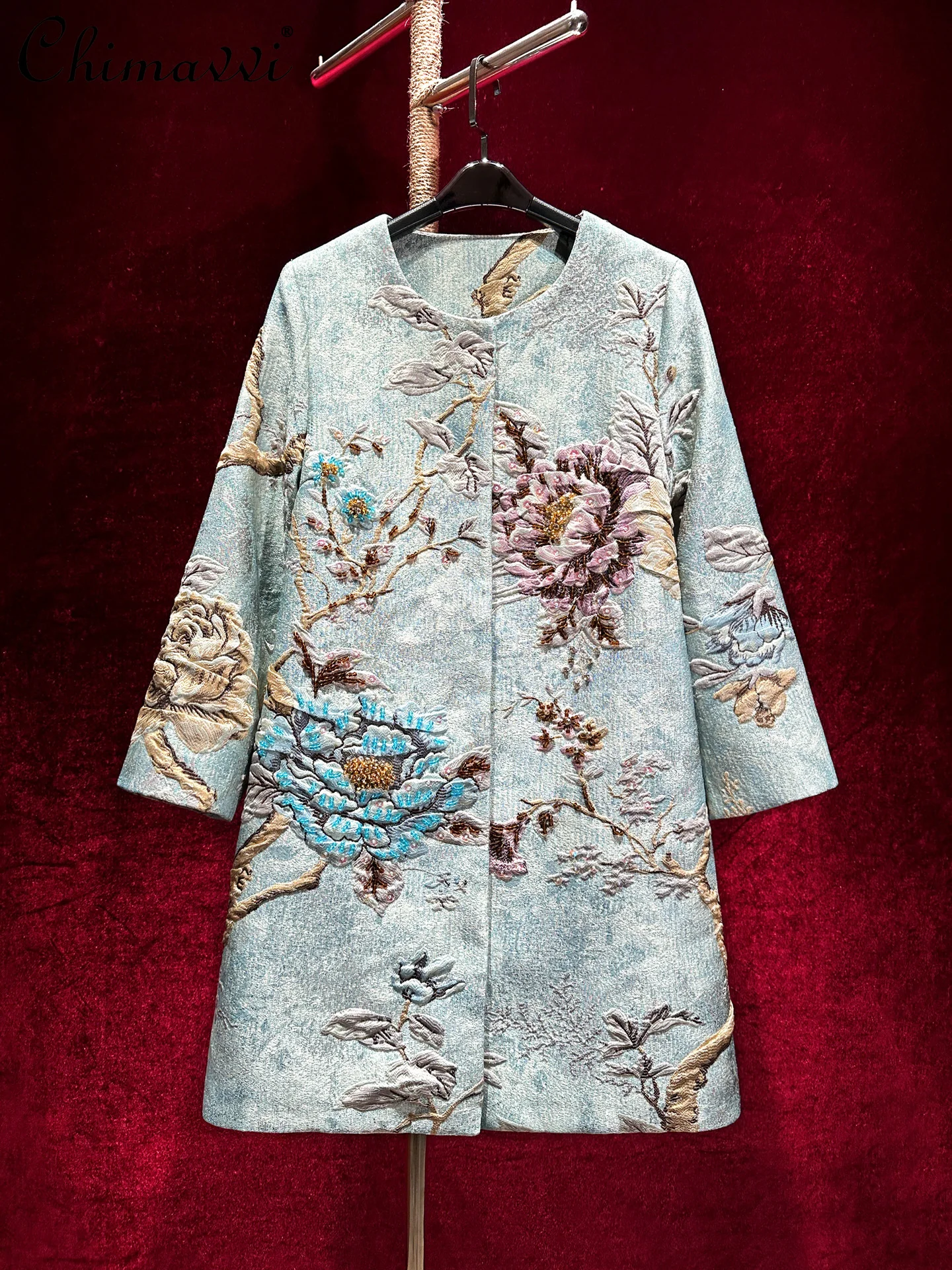 

Vintage Chinese Style Embossed Jacquard Embroidery Heavy Beading Trench Coat Women Autumn New High-end Elegant Long Coat