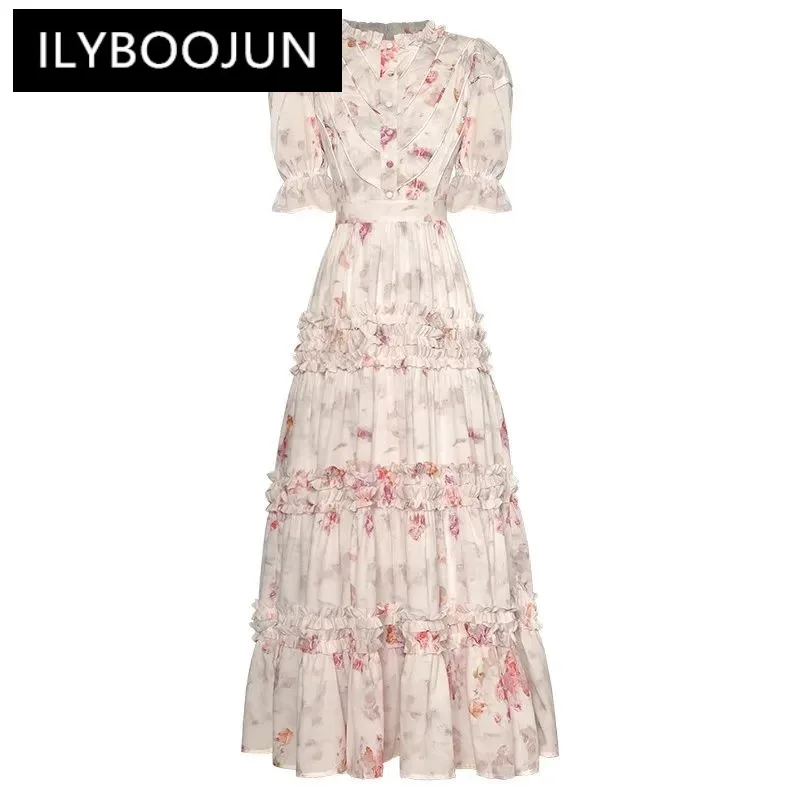 

ILYBOOJUN Summer Fashion Designer Women's dress Short sleeved Print Wood ear edge Vintage Elegant Long Dresses