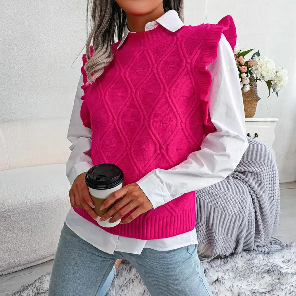 Women Autumn Winter Warm Sleeveless Knitted Sweaters O-Neck Solid Color Rhombus Pattern Ruffle Cuffs Sweater Vest Female Tops