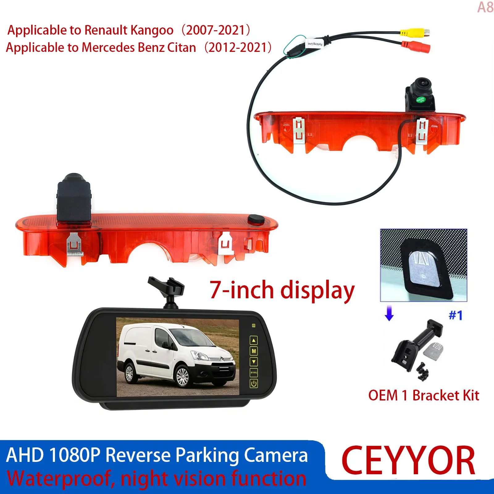 

AHD 1080P 7 Inch Monitor Brake Light Rear View Camera For Renault Kangoo 2007-2021 Mercedes Benz Citan 2012-2021