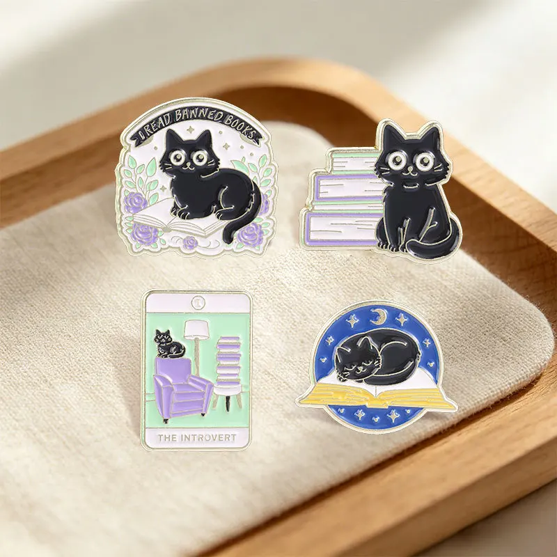Cartoon Black Cat Enamel Brooches Pins Skull Rainbow Book Brain Guitar Computer Flowers Magic Cat Metal Badge Punk Jewelry Gift