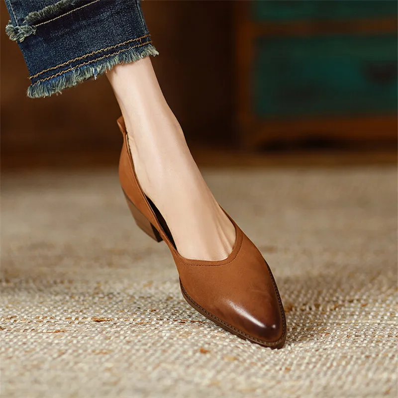 New Spring/summer Women Shoes Sheep Leather Women Pumps Pointed Toe Chunky Heel Loafers Genuine Leather Shoes for Women Handmade