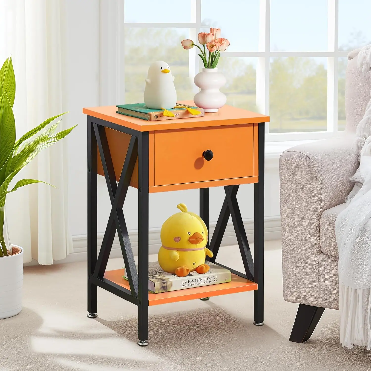 

Nightstands Set of 2, Modern Bedside End Tables, Night Stands with Drawer and Storage Shelf, Orange