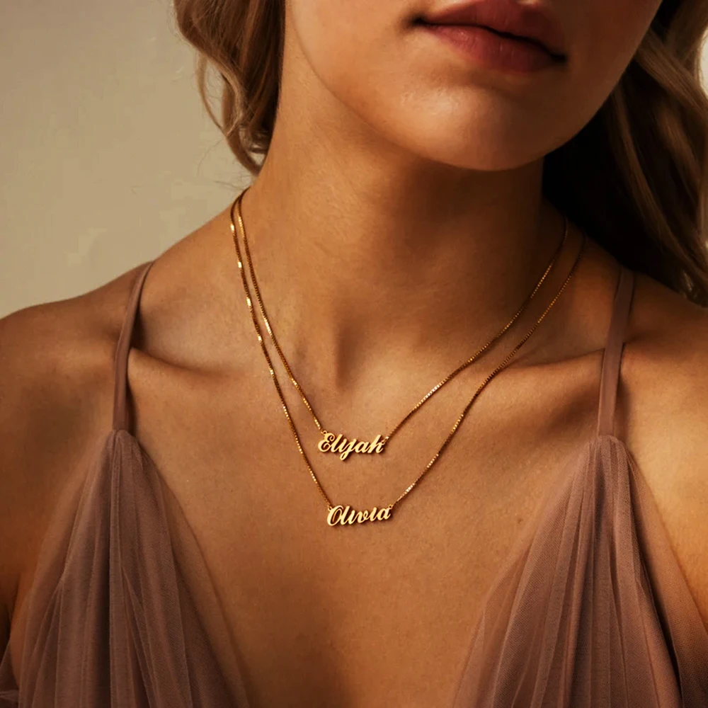 

Custom Couple Name Double Layer Box Chain Choker Personalized Nameplate Pandent Necklace Women Mens Stainless Steel Jewelry Gift