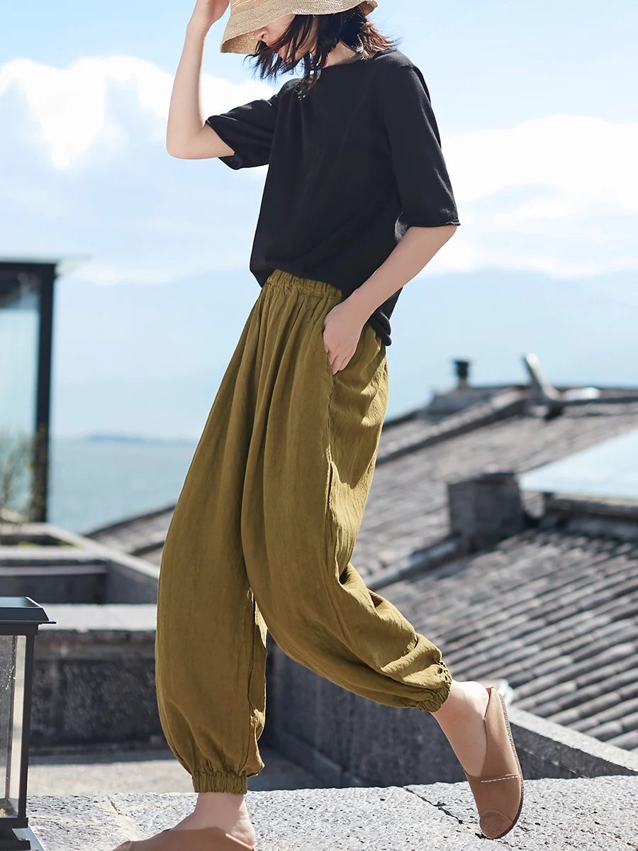 

Широкие повседневные брюки из хлопка и льна для женщин, весенние, новые, свободные, в стиле ретро, для йоги и медитации, оригинальные брюки-«папины» с завышенной талией