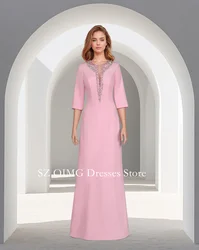 V-Neck Crystals 2024 New Summer Women's Maxi Pink Satin Prom Dress Long Sleeves Fashion Elegant Celebrity Vintage Party Dress