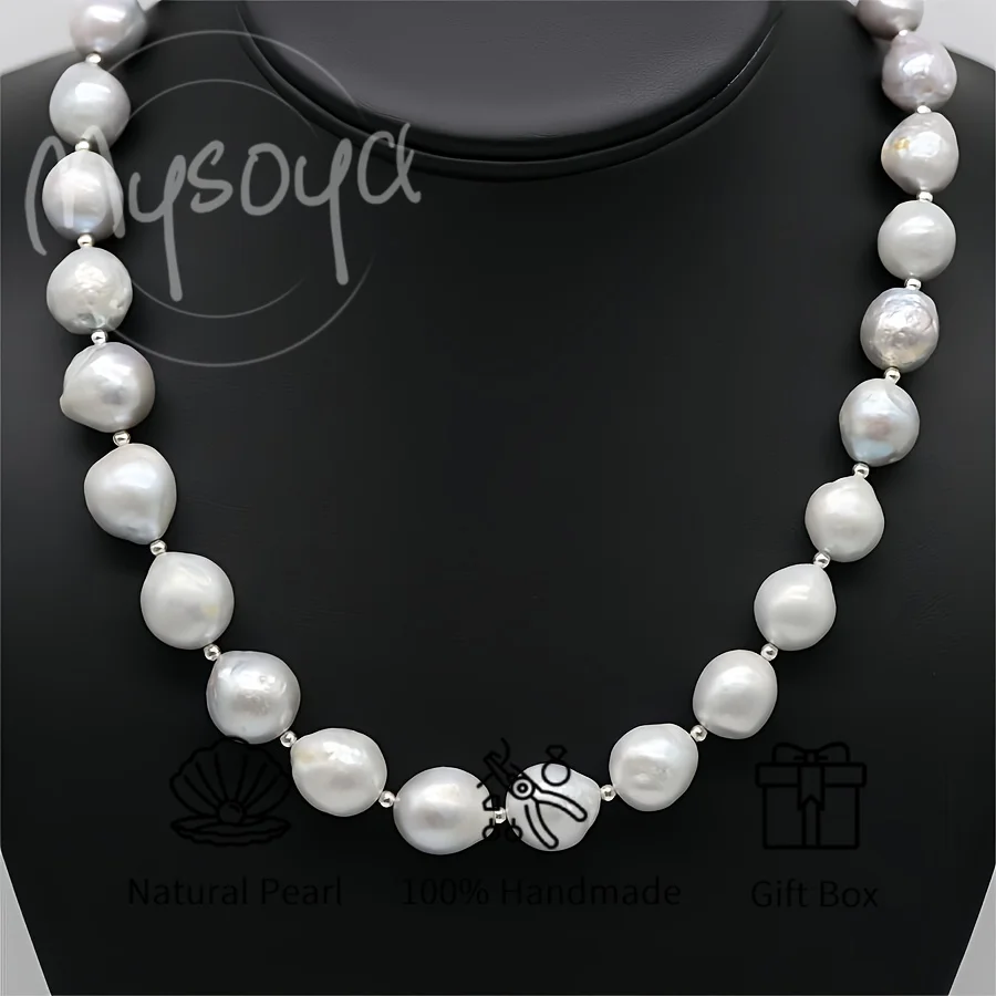 

MYSOYA 11-13mm Gray Edison Freshwater Pearl Necklace For Women And Men Gift Box Perfect For Wedding Birthday Christmas New Year