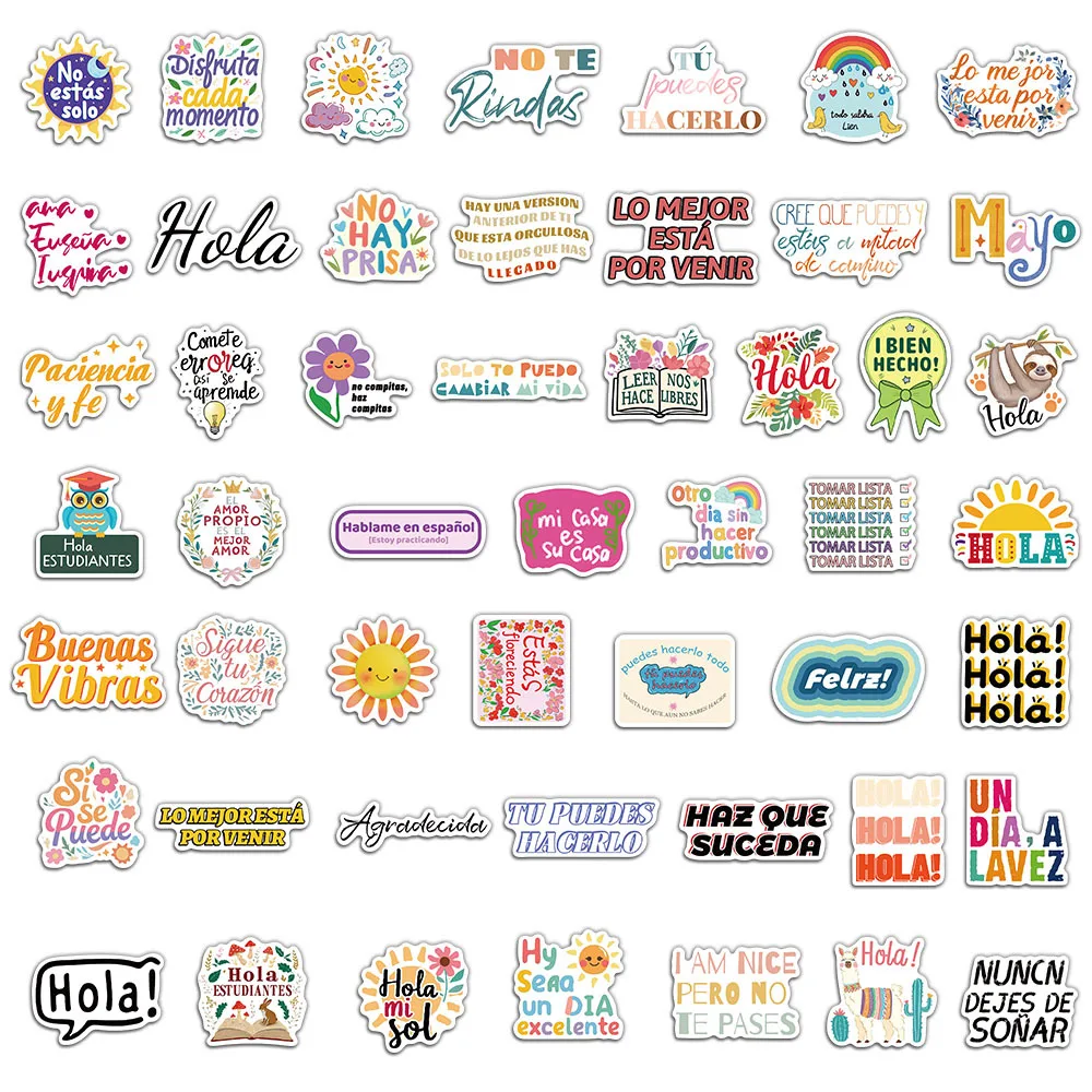 50 Uds pegatinas motivacionales en español materiales de cuenta lindos y exquisitos fundas de teléfono maletas para portátiles tazas de agua impermeables