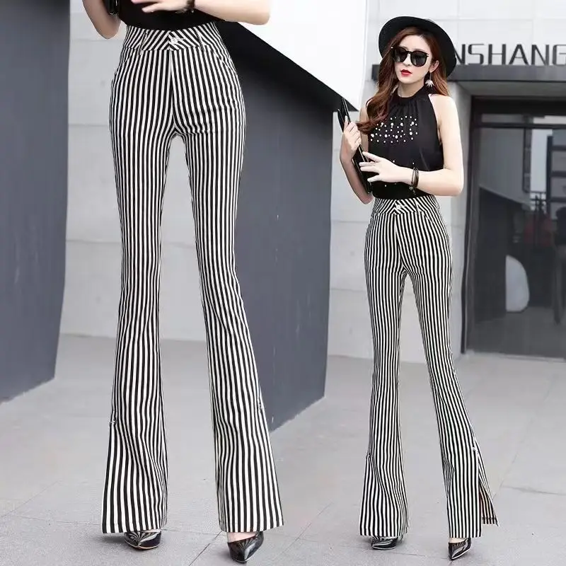 Korean Fashion Summer Suit Pants New Women Striped Pockets Zipper High Waist Split Temperament Chic Slim Straight Flare Trousers