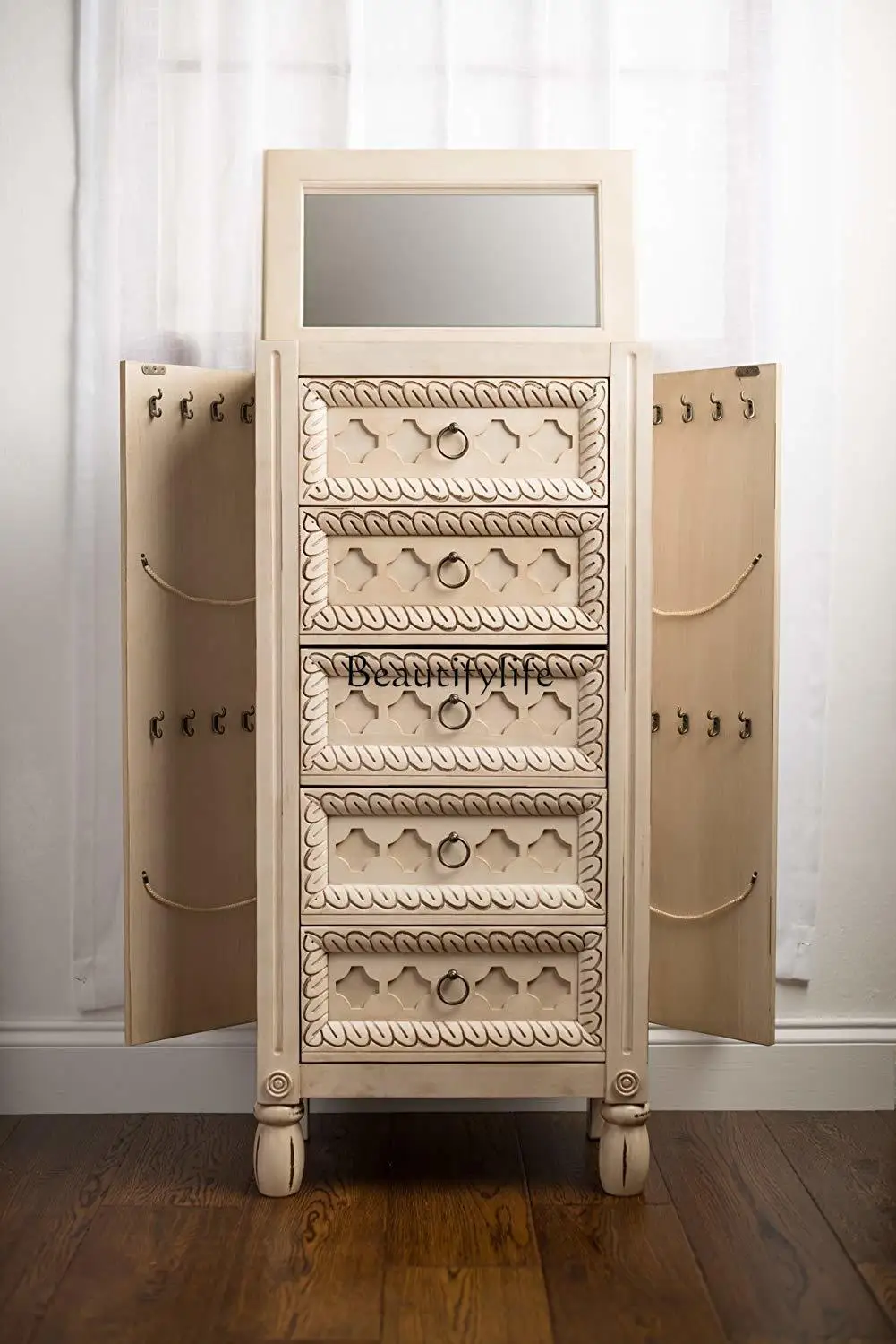 Retro beige jewelry storage cabinet floor-to-ceiling engraved European-style chest of drawers with mirror