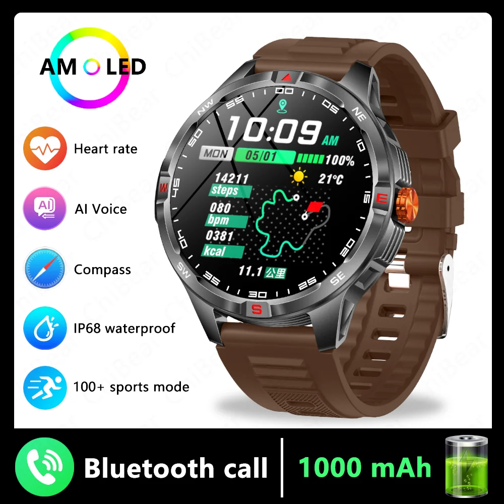 GPS Outdoor Militaire Heren Smart Horloge 5ATM Waterdichte Sport 1000 Batterij Kompas Gezondheid Monitoring Bluetooth Oproep Smartwatches
