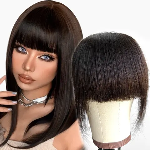 MRSHAIR 인모 앞머리 클립 인 헤어 익스텐션, 자연스러운 3D 가짜 무딘 에어 앞머리 헤어 조각, 비 레미 3 클립, 2.5 인치 x 4.5 인치
