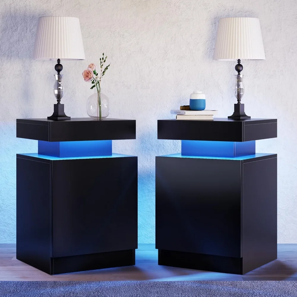 

Bedside Table, Set of 2, with LED Lights, Bedside Table with Bedroom Storage Cabinet, Bedside Table with LED, Black