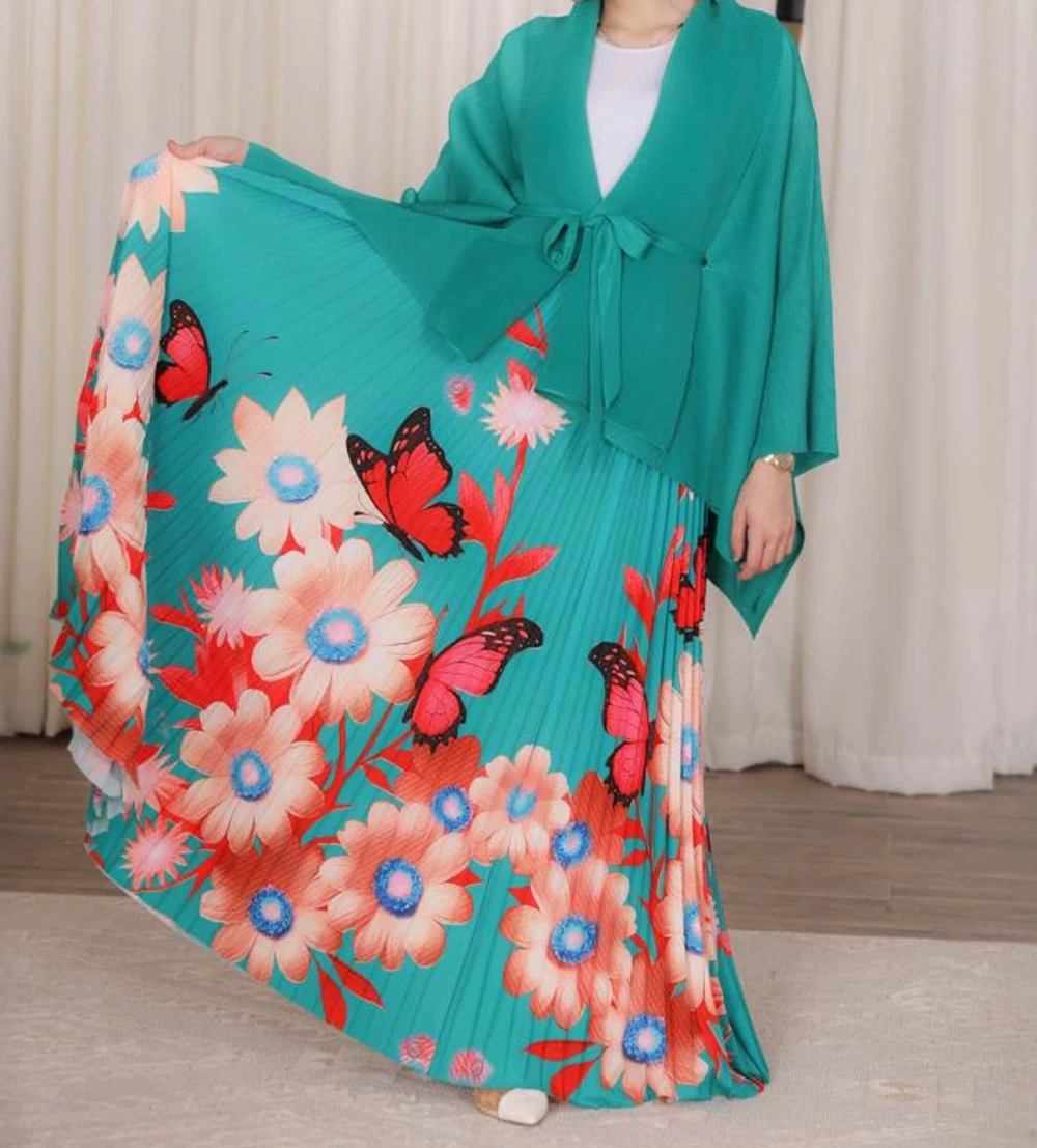 

Middle Eastern plus size women's high-end two-piece skirt pleated cardigan printed skirt fashion pleated skirt-GZXX1024