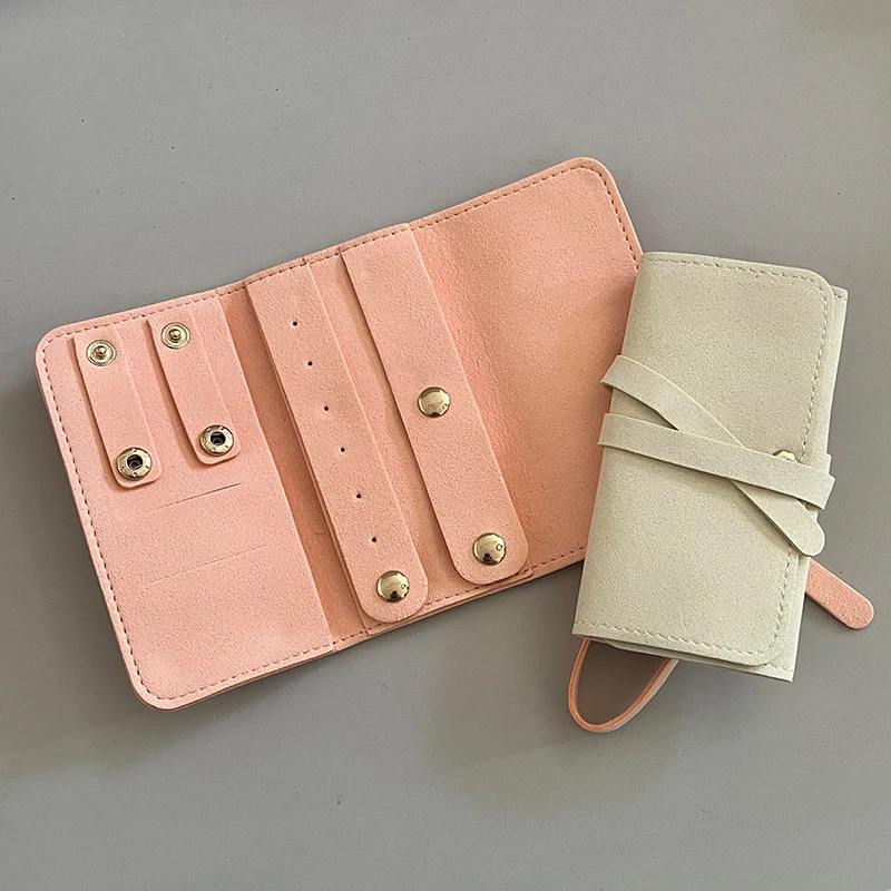 Pink Beige Microfiber Suede Foldable Jewelry Bag Organizer Portable Travel Jewelry Roll Pouch for Rings Earrings Necklaces