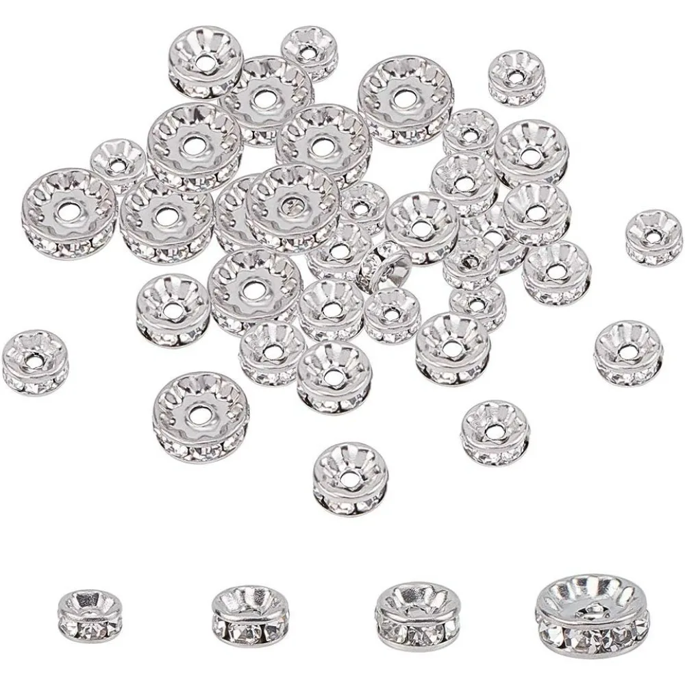 40pcs 4 Sizes 6mm/7mm/8mm/10mm Disc Spacer Beads 316 Stainless Steel with Clear Crystal Rhinestone Beads Flat Round Bead Spacer