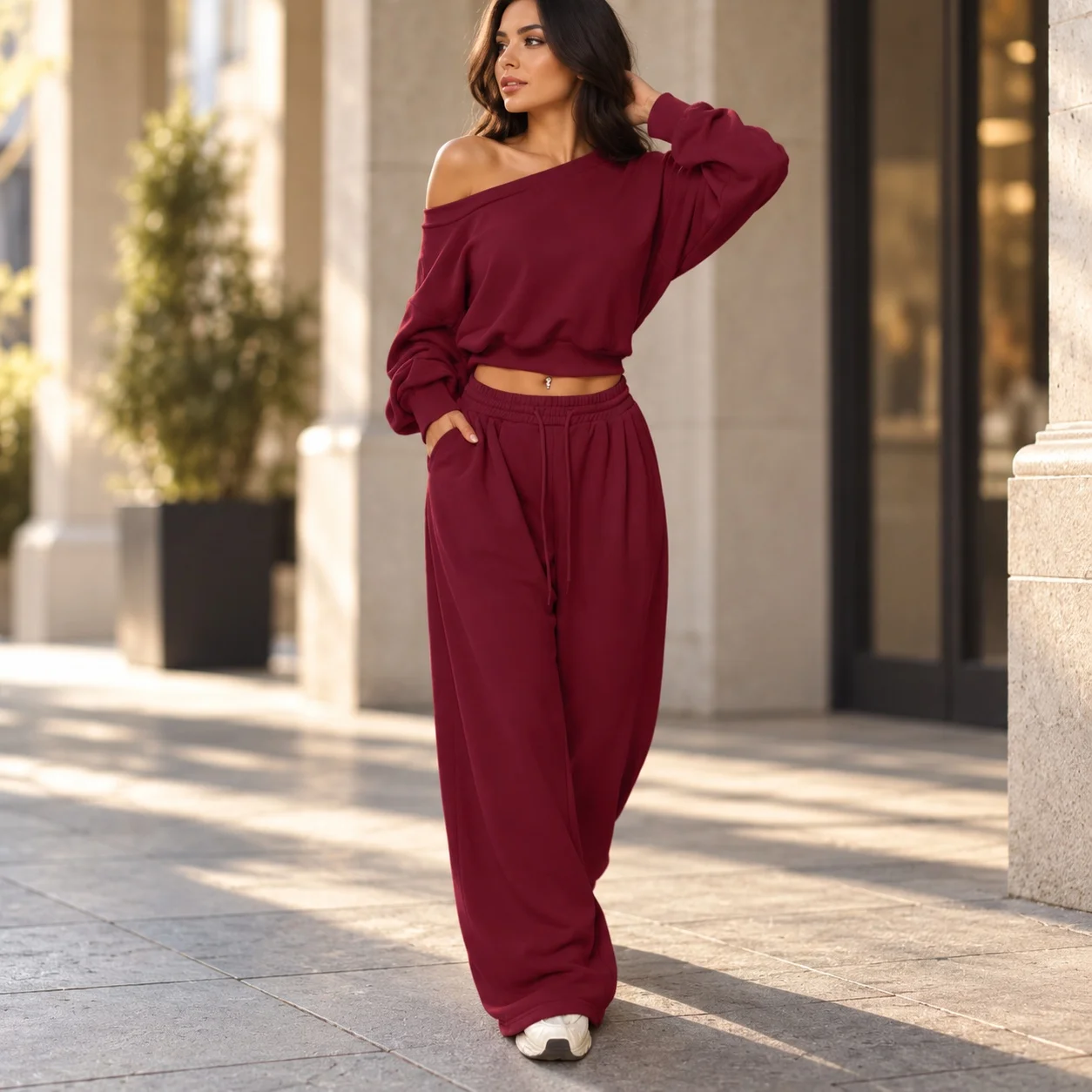 Patchwork Long Sleeve Set with Full Length Pants Commuter Style Elegant Women Sets Winter Autumn Crewneck Sweatshirt Top