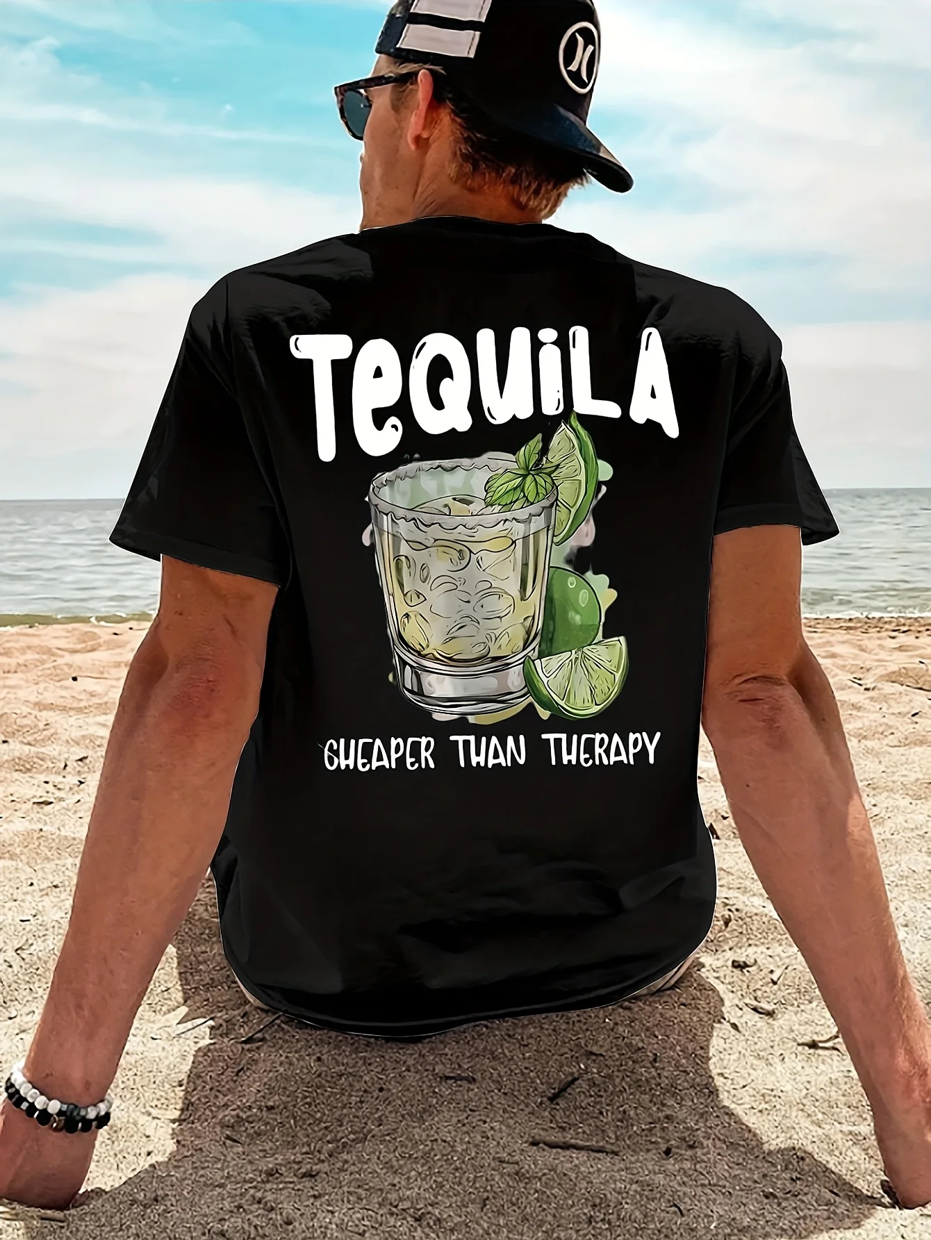 

2025 Funny Tequila Men's T-Shirt Cocktail Glass Lime Print Summer Beach Drinking Quote Tee for Men Casual Holiday Streetwear
