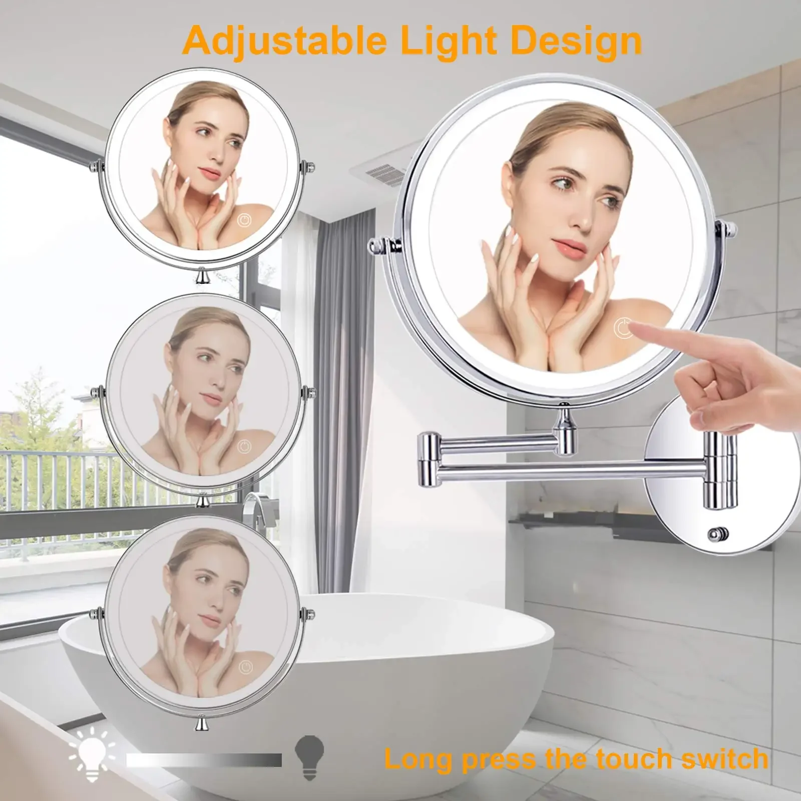 8 Inch Wall Mounted Bathroom Makeup Mirror, USB Rechargeable LED 3 Color Lights Two Sided 1X/10X Magnifying Mirror Touch Switch