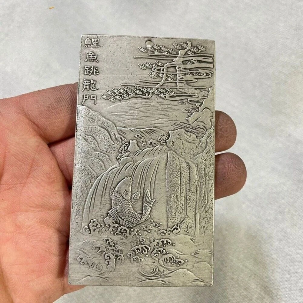 Old Chinese Tibet Silver Carving Carp Jumping Dragon Pendant Waist Tag