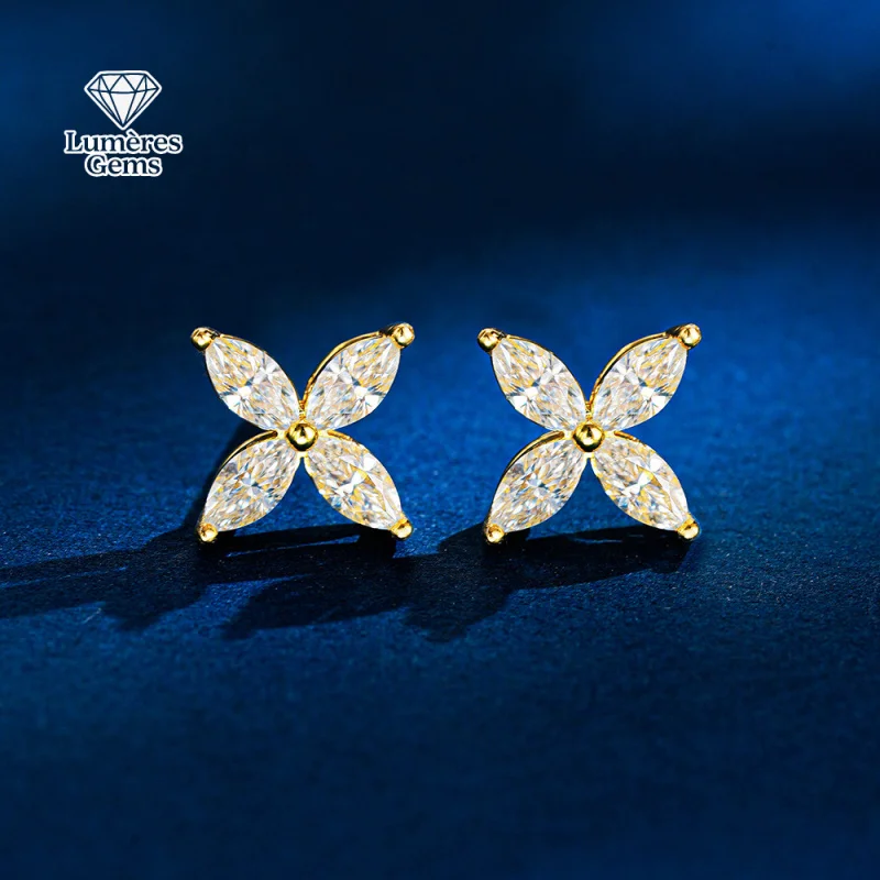 LumièRe Gems' New 18K Gold Earrings Set With Four-Leaf Clover Marquise Sapphires. Suitable For Sensitive Ears. A Luxurious Gift