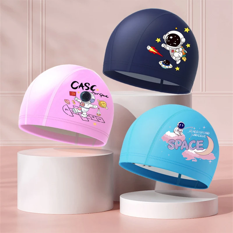 2026 Summer Kids Swimming Cap Boys Girls Cartoon Print Pu Swim Cap Children Waterproof Protective Bathing Cap Baby Stuff