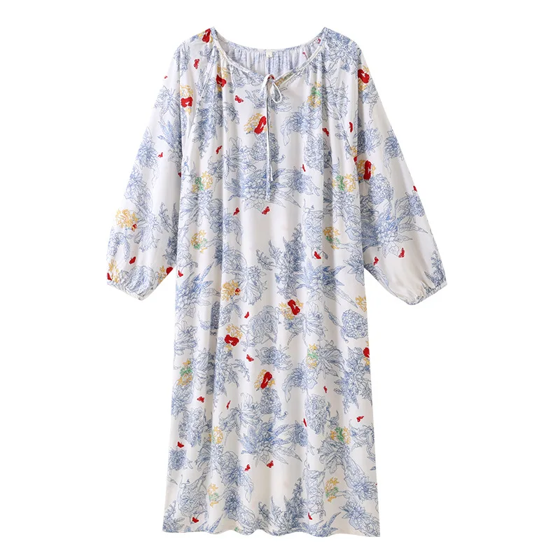 Summer Long Sleeve Women\'s Cotton Silk Nightdress Bohemian Beach Skirt Plus Size Loose Loungewear Viscose Nightgowns Nightgowns