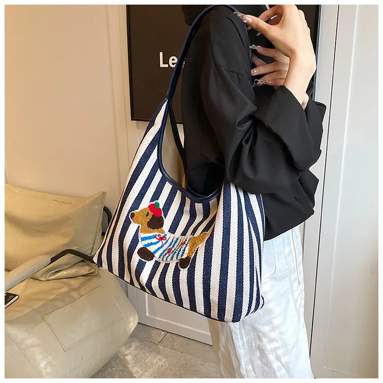 

Fashion Striped Canvas Bucket Bag For Women Casual Lightweight Shoulder Underarm Bag Cute Cartoon Print Daily Bag