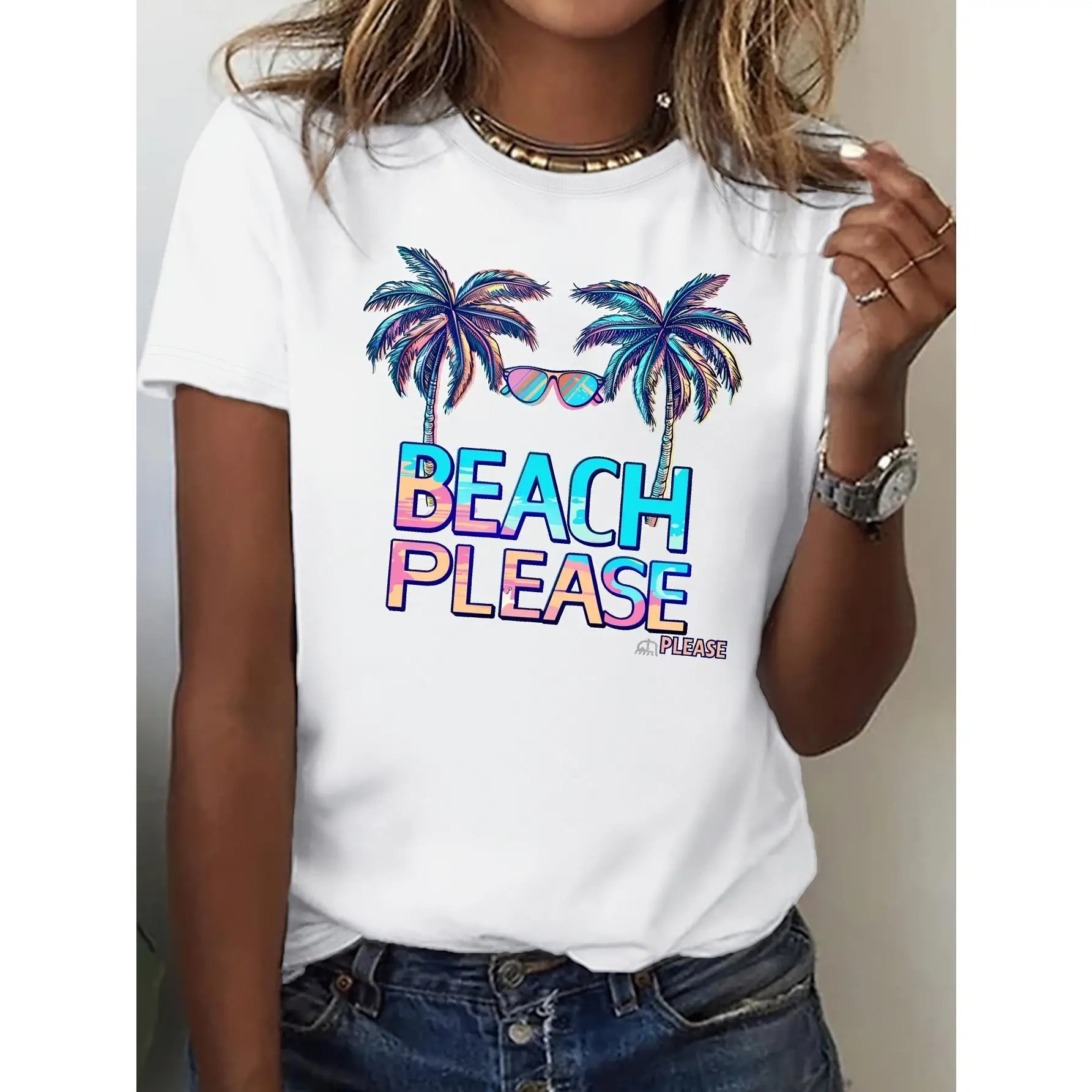 

Vibrant and Tropical T - Shirt: Dream of Paradise with "BEACH PLEASE" and Palm Tree Graphics