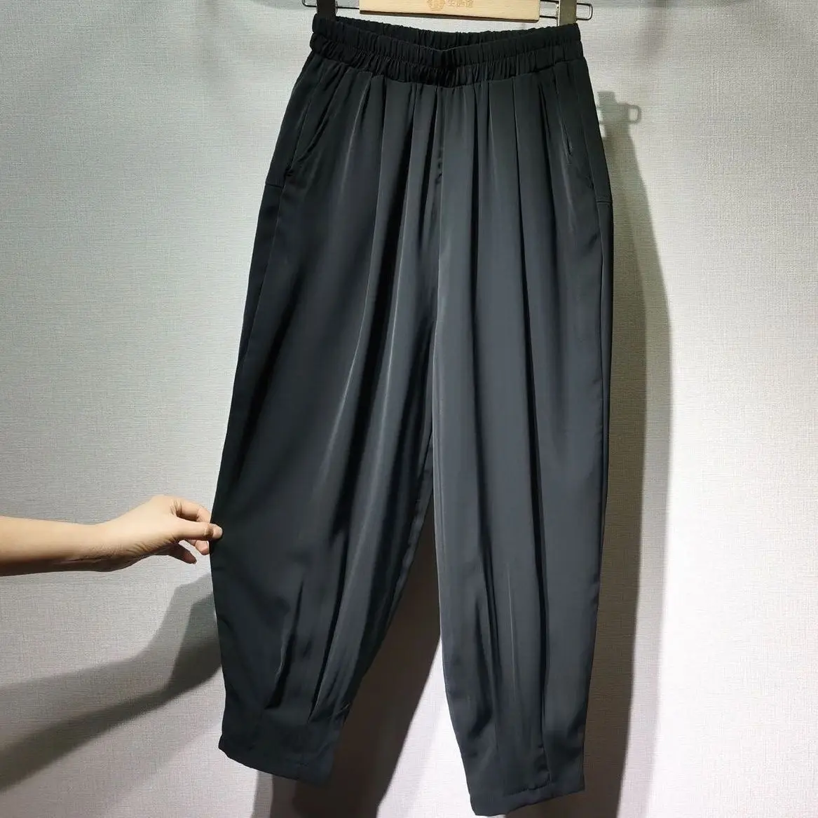 여름 블랙 높은 허리 느슨한 하렘 숙녀 패션 모든 경기 탄성 허리 바지 여성 의류 단순 솔리드 컬러 바지