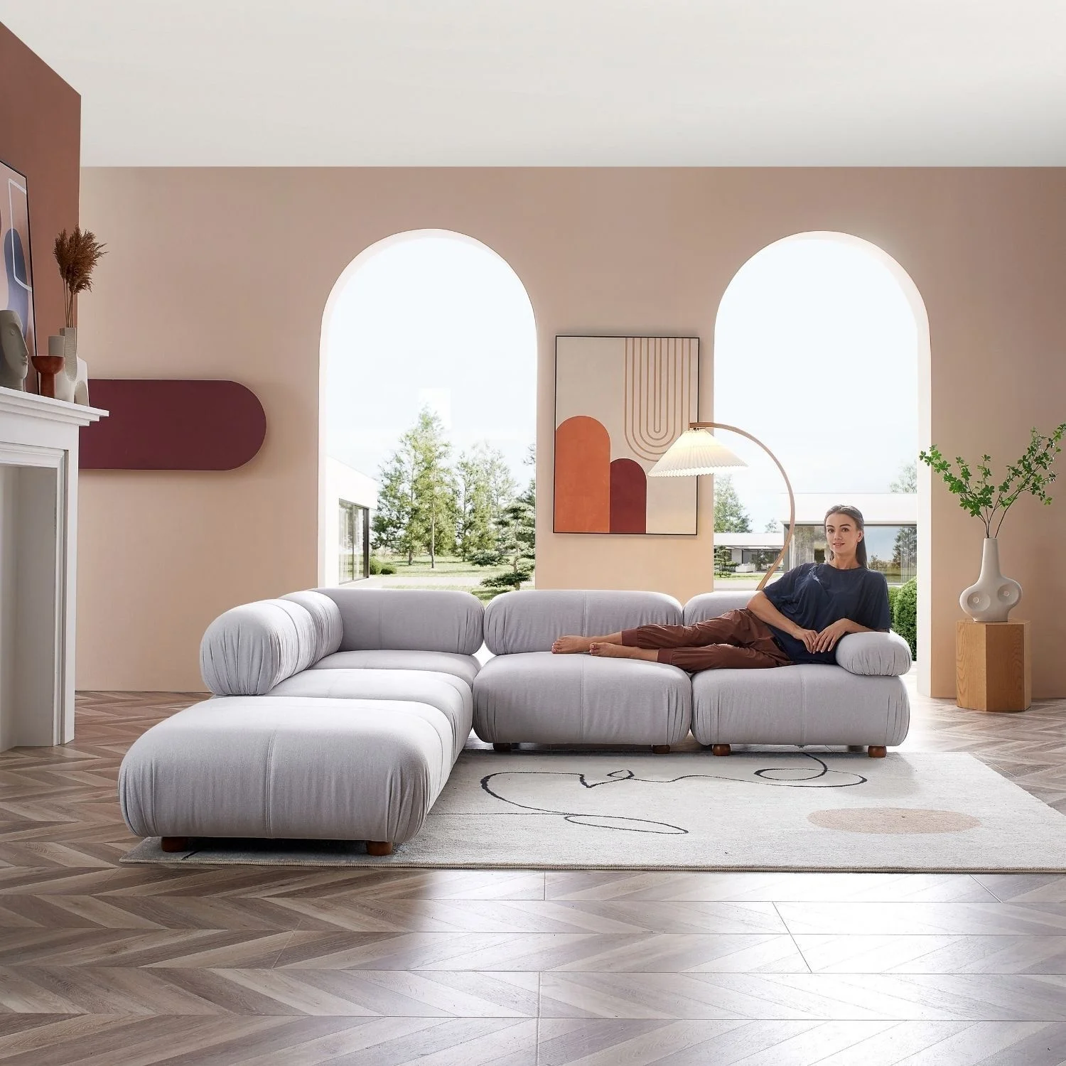 Sectional Modular Living Room 5 Seaters Couch Sofa Teddy Fabric Pebbles 1 Bellini Sofa