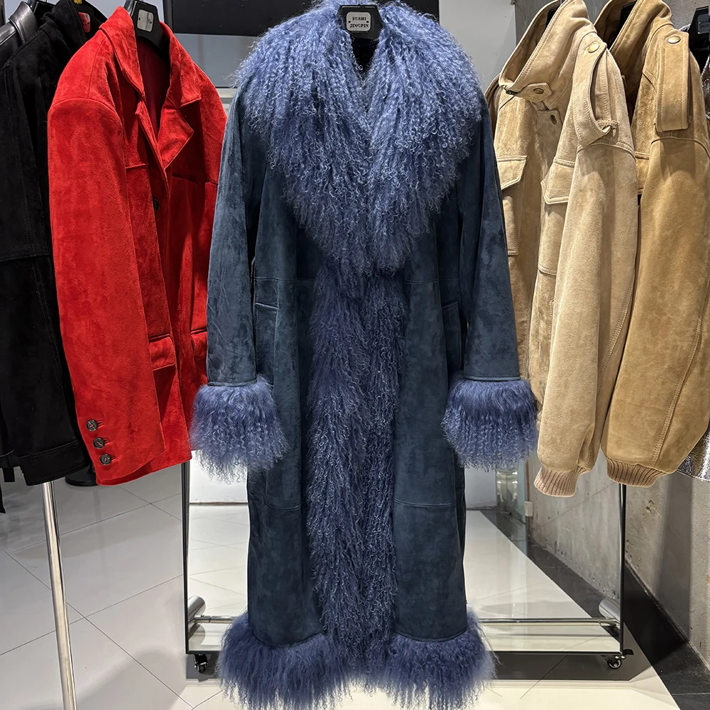 YOLOAgain Real Mongolia Sheep Fur Jacket Long Dark Brown Suede