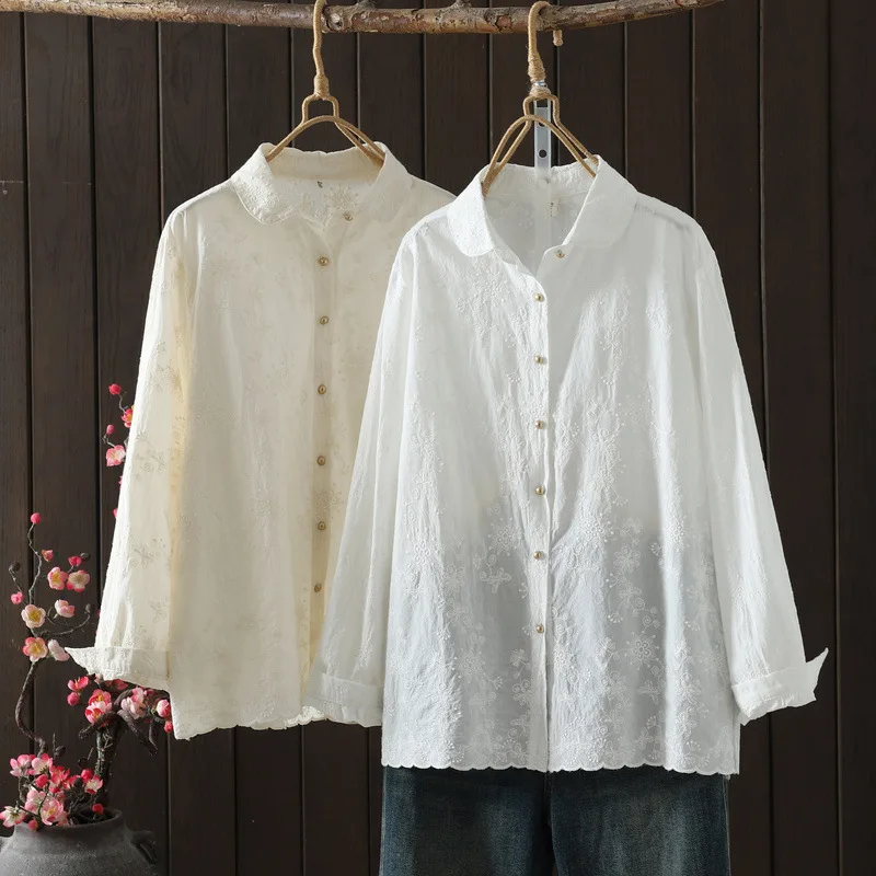 

[Готовый запас] Высококачественная женская блузка из 100% хлопка, рубашка 2025 года, жаккардовая вышивка, однотонные осенние новые рубашки-кардиганы