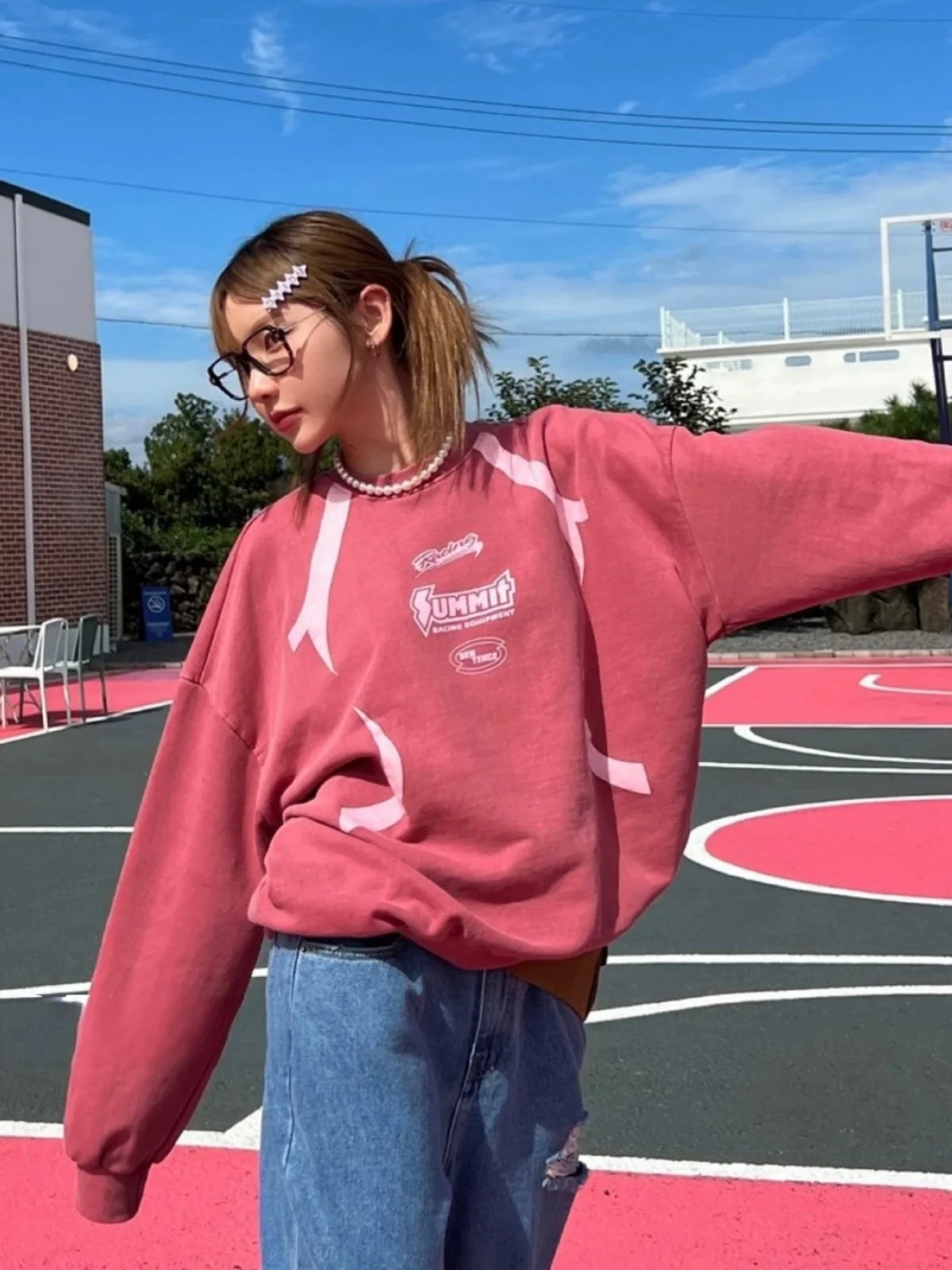 Waed Casual Long Sve Felpa ampia Unico SEI Coreano Semplice Personali Neutro k Rosso Pendolarismo Sle rotondo Ne Stampa