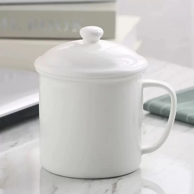 500ML, Bone china tumbler, pure white ceramic wake up cup with lid, coffee mug, thermo mug for office, porcelain drinkware