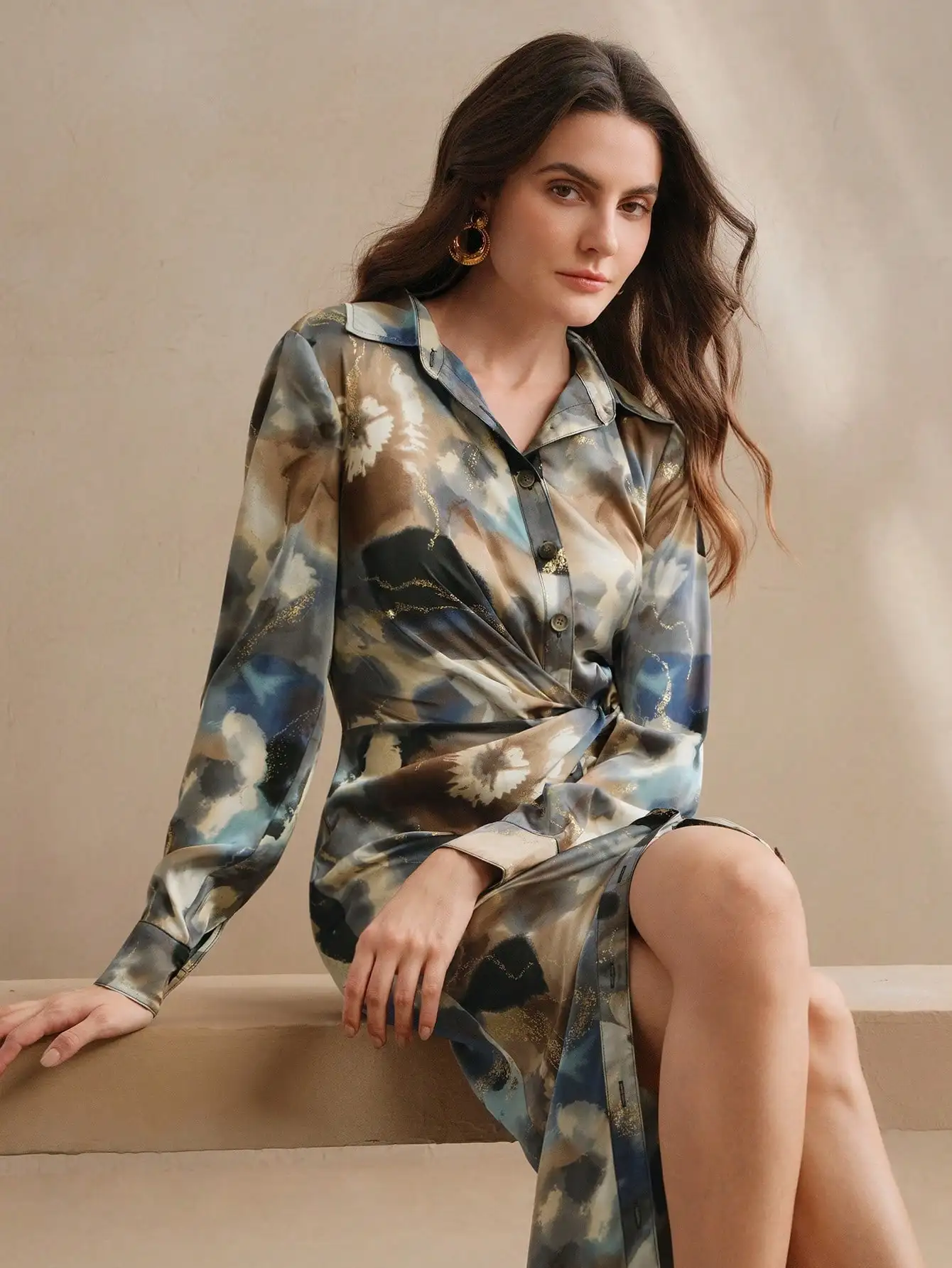 

Elegant Floral Foil Print Twist Waist Chiffon Shirt Dress For Women Spring