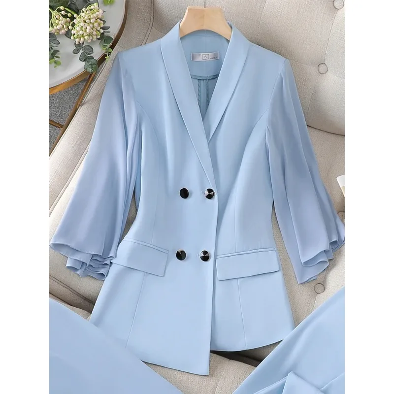 Chiffon Baumwolle Frauen Anzug formelle Blazer Dame weiblich hellblau weiß 3/4 voller Ärmel Jacke Mantel Sommer Business Arbeits kleidung