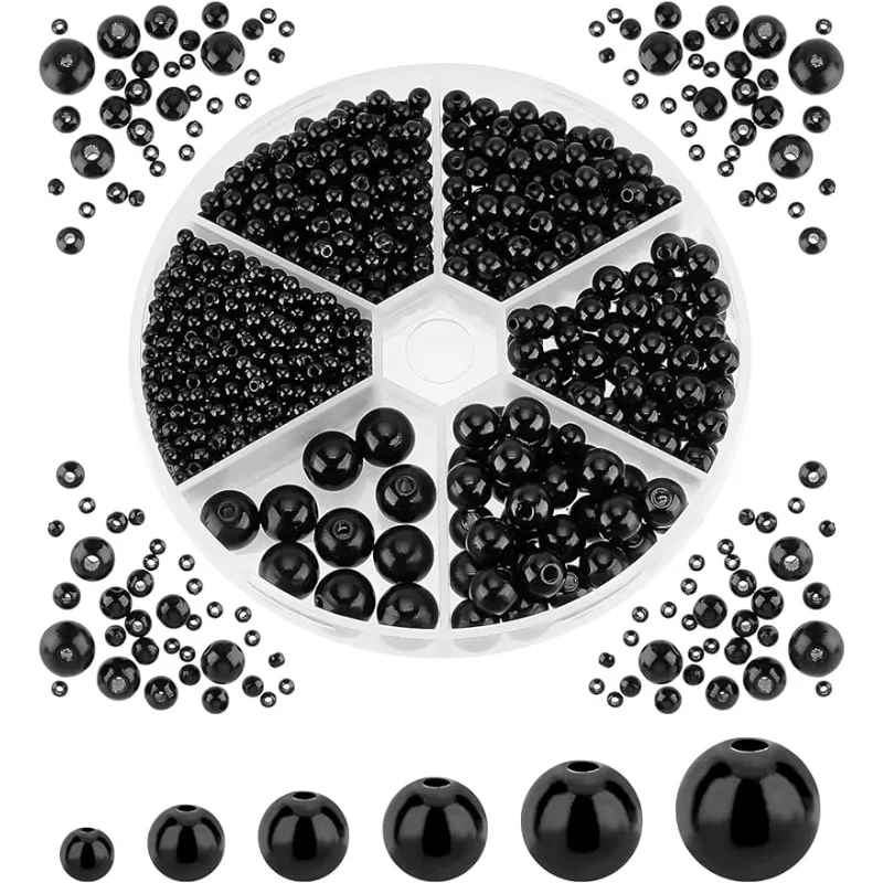 1070pcs Black Round Beads 6 Sizes Smooth Spacer Beads ABS Plastic Pearl Bead Satin Luster Craft Bead for Jewelry Making