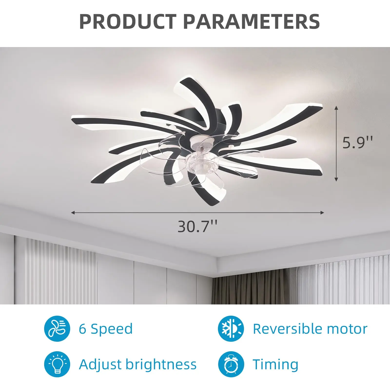 Adjustable ceiling fan light, 6-speed embedded ceiling fan, modern minimalist ceiling fan light, remote control and APP control