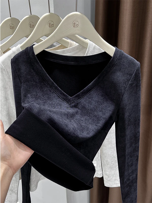 Damska długa bluzka z dekoltem w serek, imitacja futra, barwiona, bazowa bluzka, jesienno-zimowa odzież wewnętrzna i zewnętrzna, ciepła, dopasowana, w stylu koreańskim.