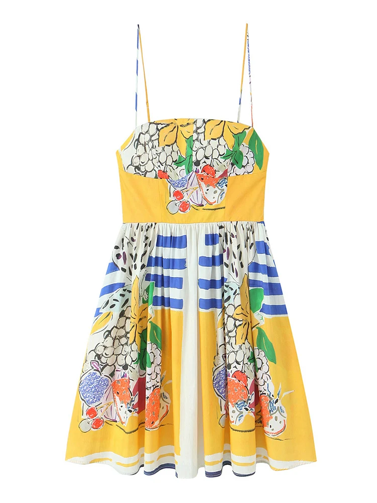 TFMLN المرأة عادية الفاكهة طباعة فستان الحمالات الصيف بلا أكمام عارية الذراعين عالية الخصر حبال الشاطئ عطلة فستان قصير الإناث #2