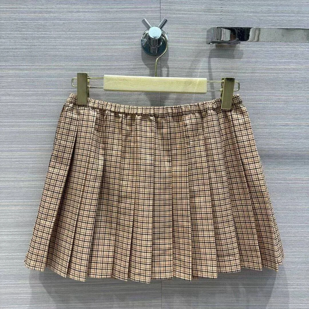 2024 Summer Fashion Sweet Pleated Mini Skirts Womens Elastic High Waist Khaki Small Plaid Pattern Vintage Mini Skirt